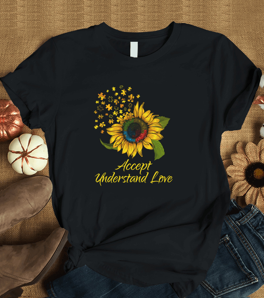 Accept Understand Love Autism Sunflower Puzzle Pieces T-Shirt