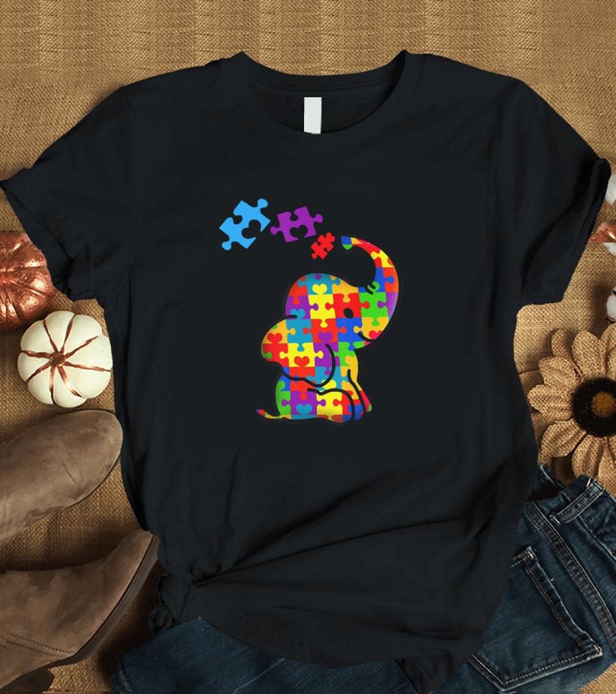 Autism Mom Elephant Multicolor Puzzle Pieces ADHD Support T-Shirt