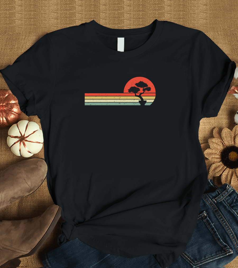 Bonsai Tree Japanese Tradition Vintage Sunset Retro Stripes T-Shirt