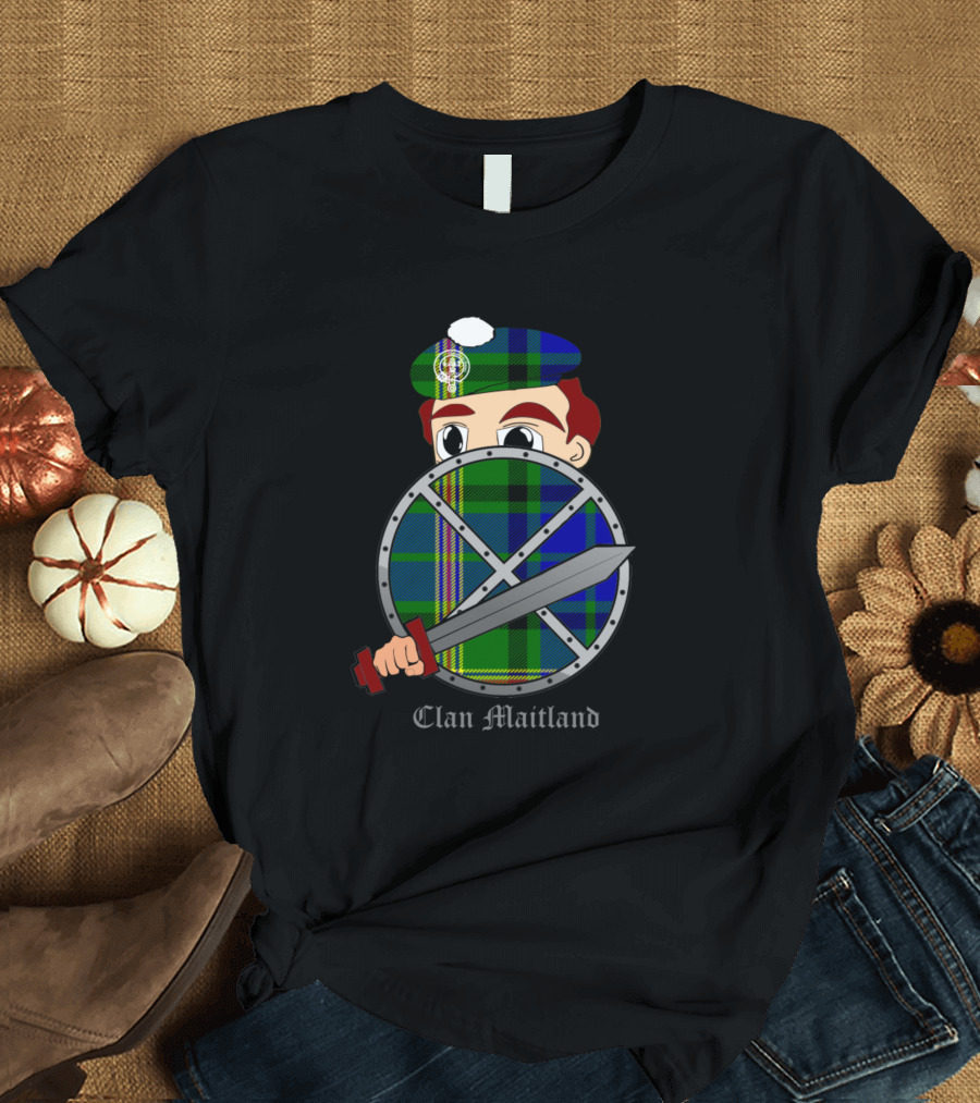 Clan Maitland Tartan Warrior with Shield and Sword T-Shirt