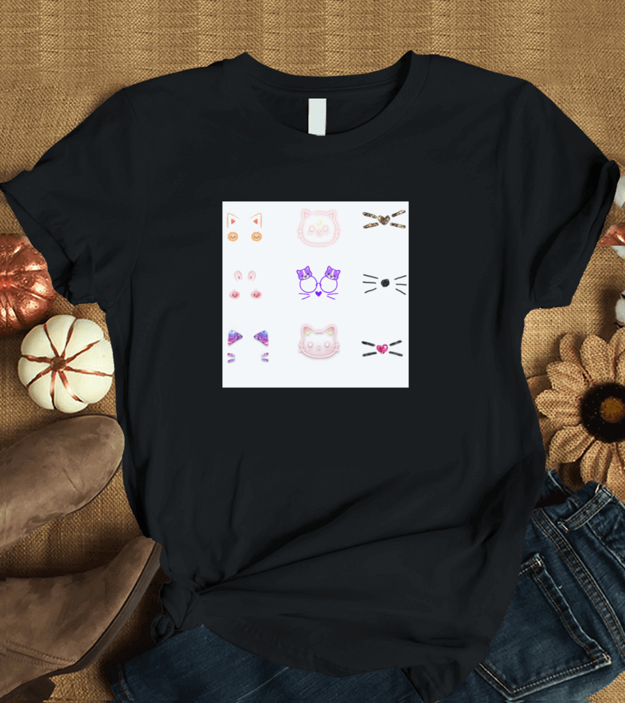 Multi Cat Bunny Faces Stickers Whiskers Hearts Illustrated T-Shirt