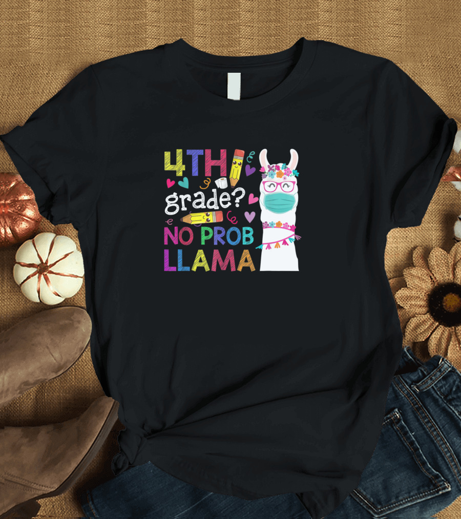 4Th Grade No Prob Llama with Mask and Colorful Hearts T-Shirt
