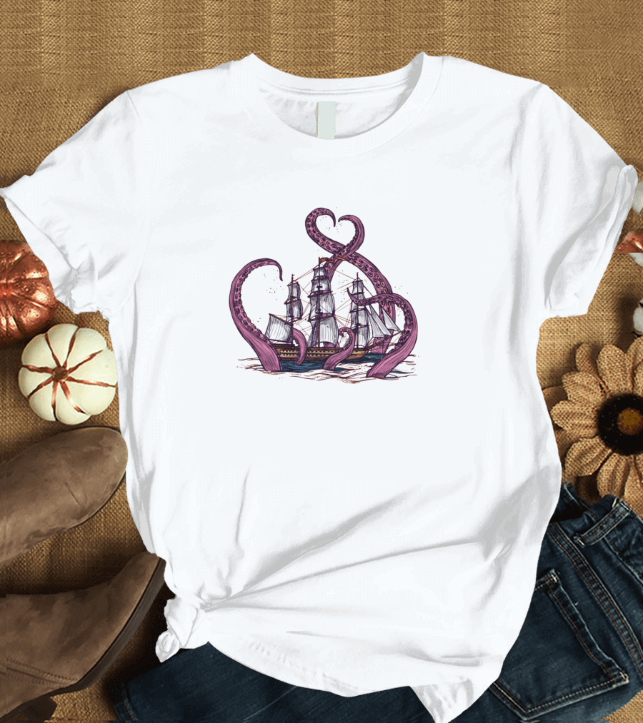 Kraken Attacking Pirate Ship with Tentacles and Sails T-Shirt