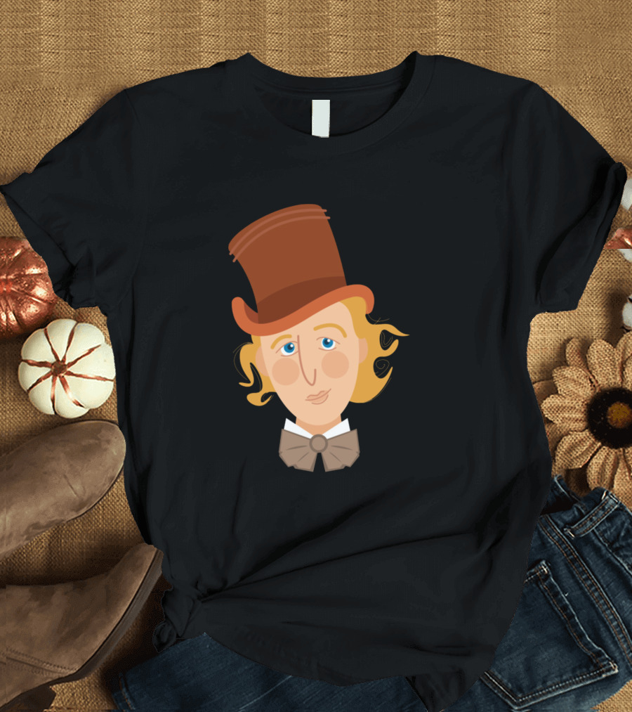 Willy Wonka Cartoon Portrait with Brown Top Hat and Bow Tie T-Shirt