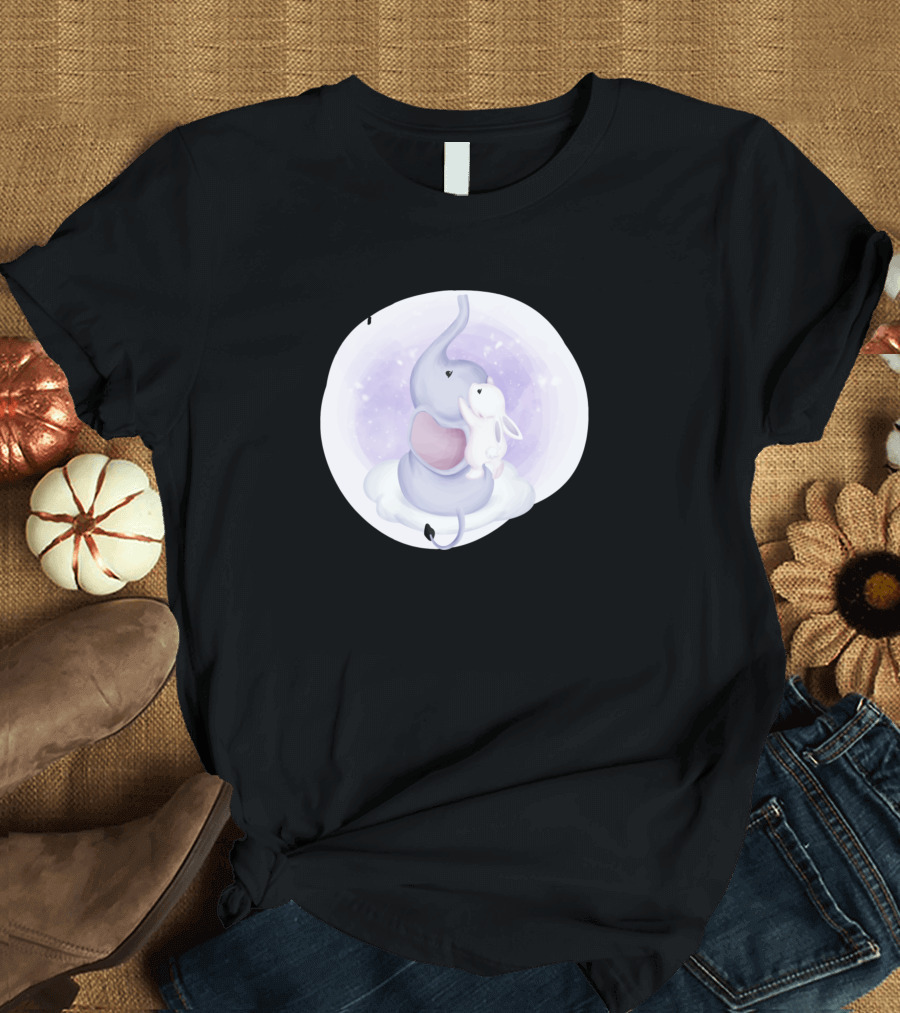 Baby Elephant and Baby Rabbit Soaring Through Starry Sky T-Shirt