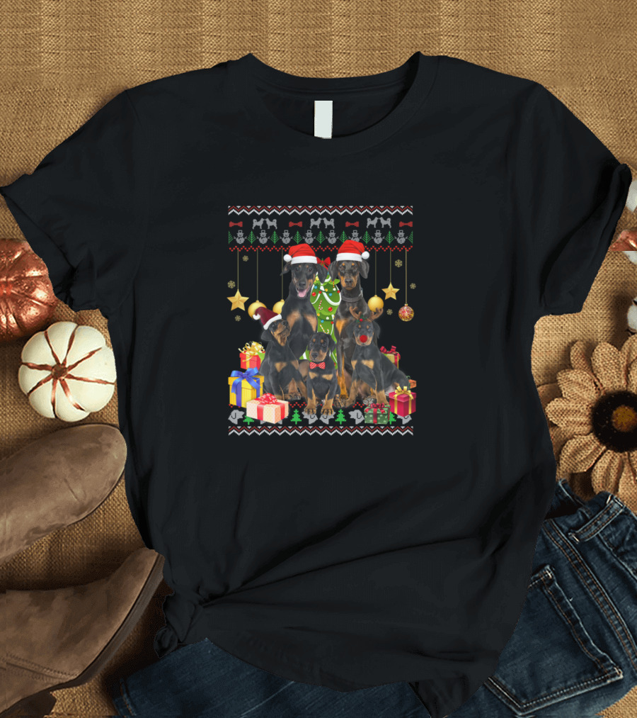 Doberman Ugly Christmas Santa Hat Festive Dogs with Gifts T-Shirt