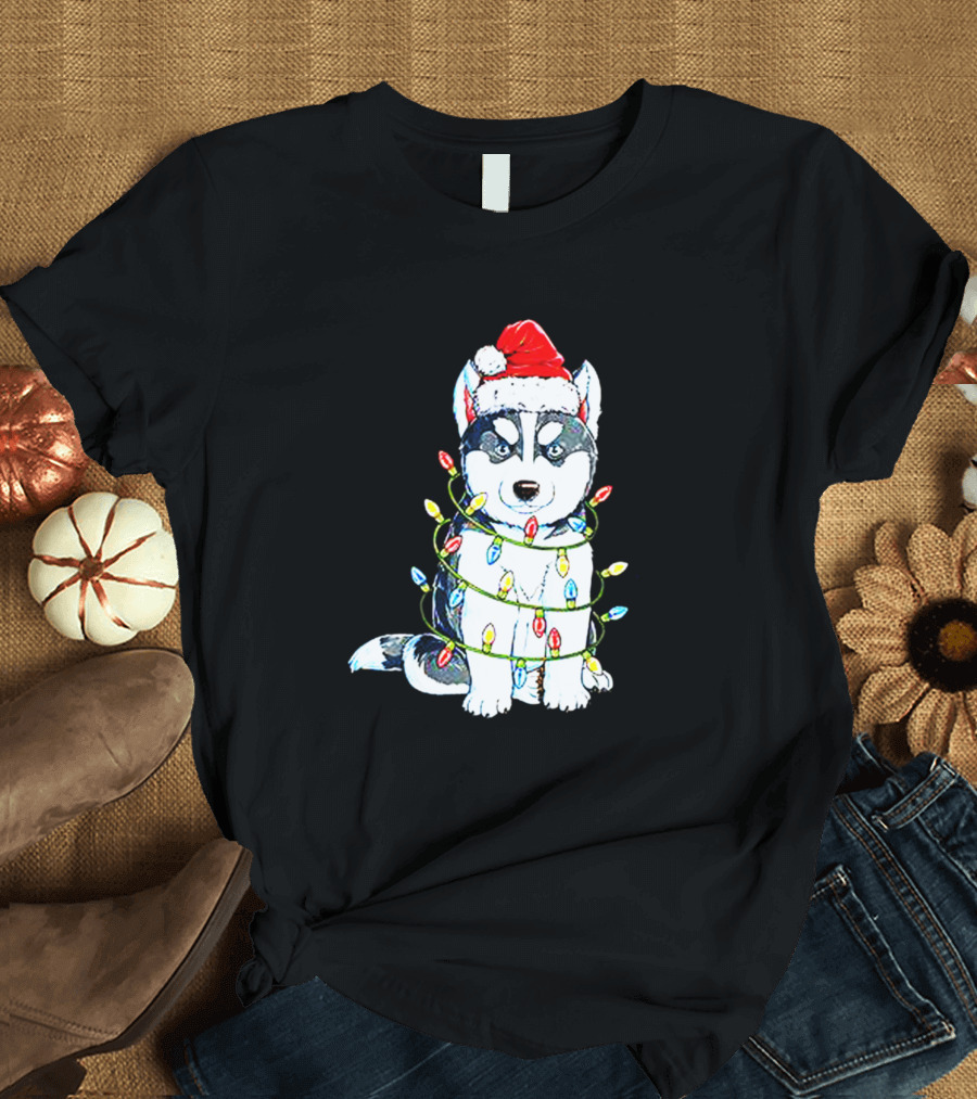 Siberian Husky Santa Hat Christmas Lights T-Shirt