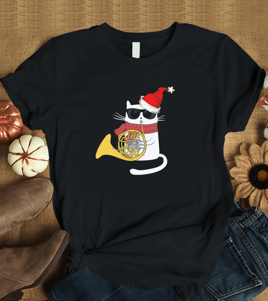Christmas Jazz Cat Playing French Horn in Santa Hat T-Shirt