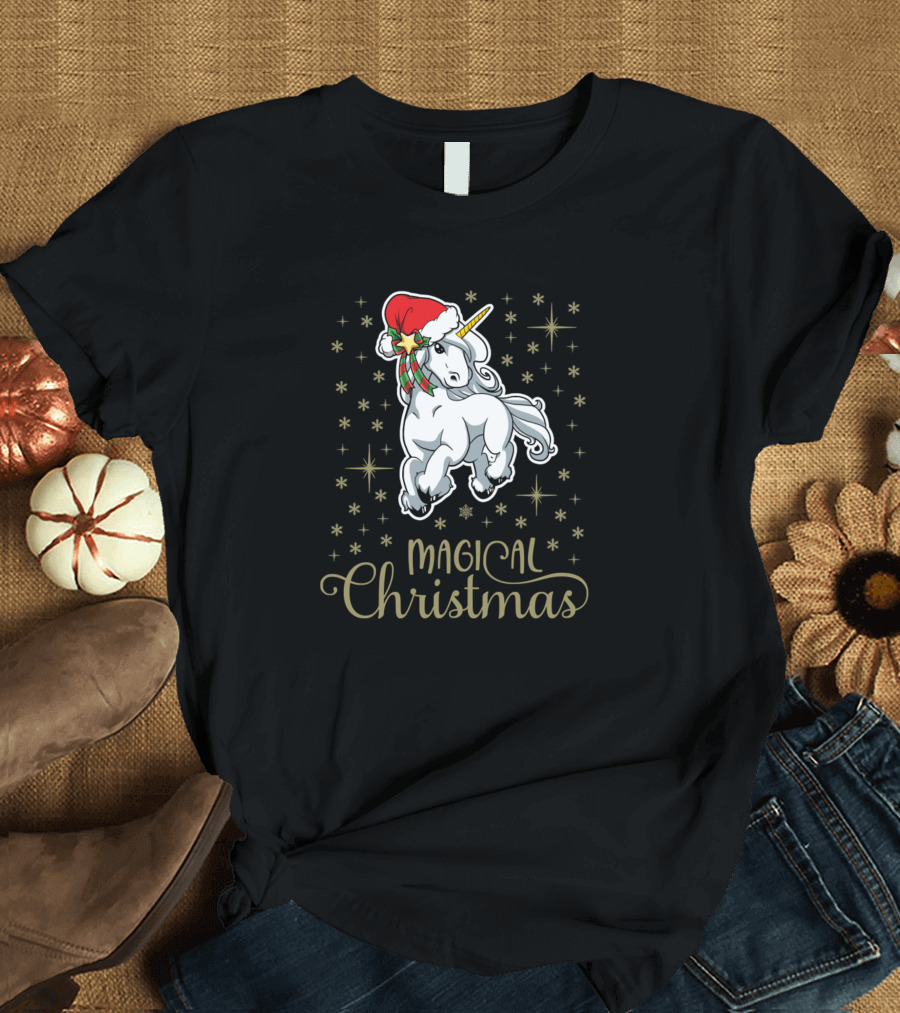 Magical Christmas Unicorn with Santa Hat and Stars T-Shirt