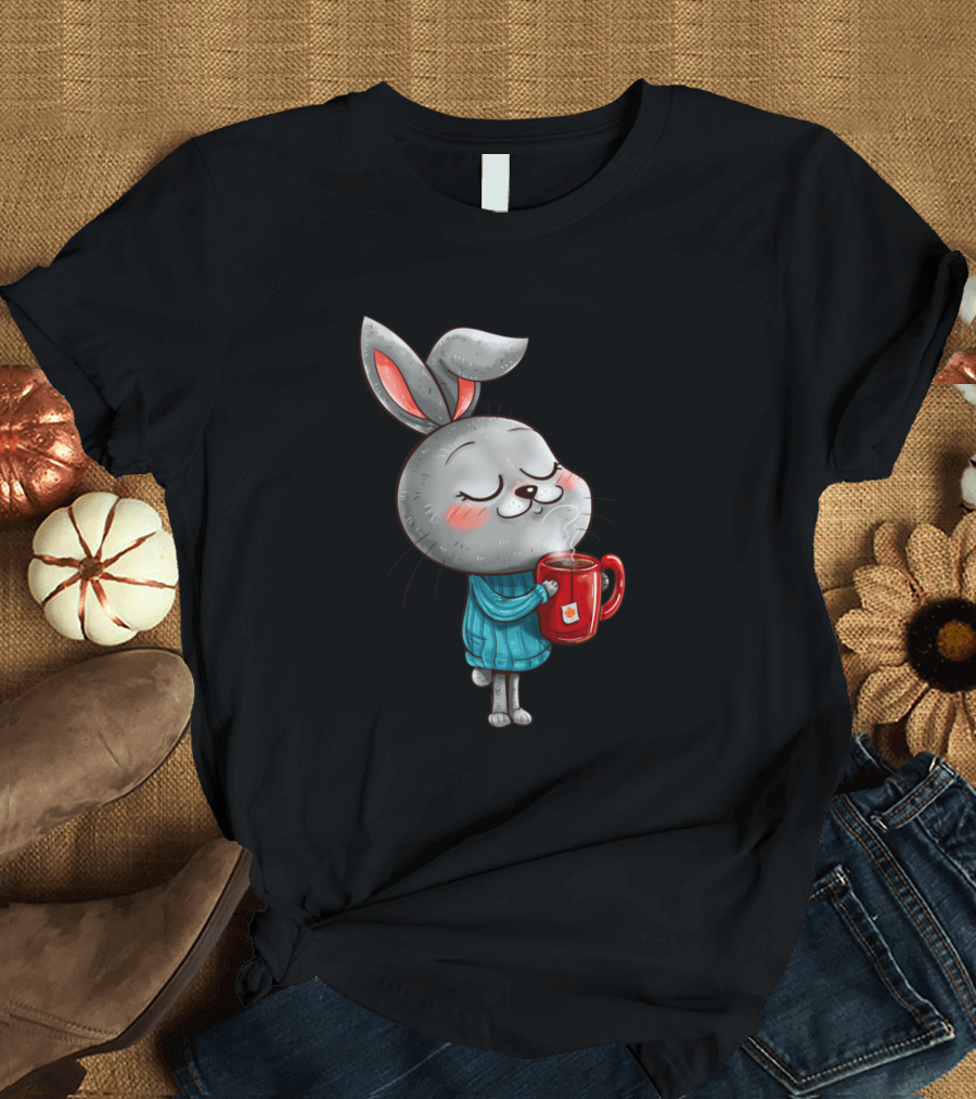 Cute Funny Rabbit Enjoying Coffee in Cozy T-Shirt