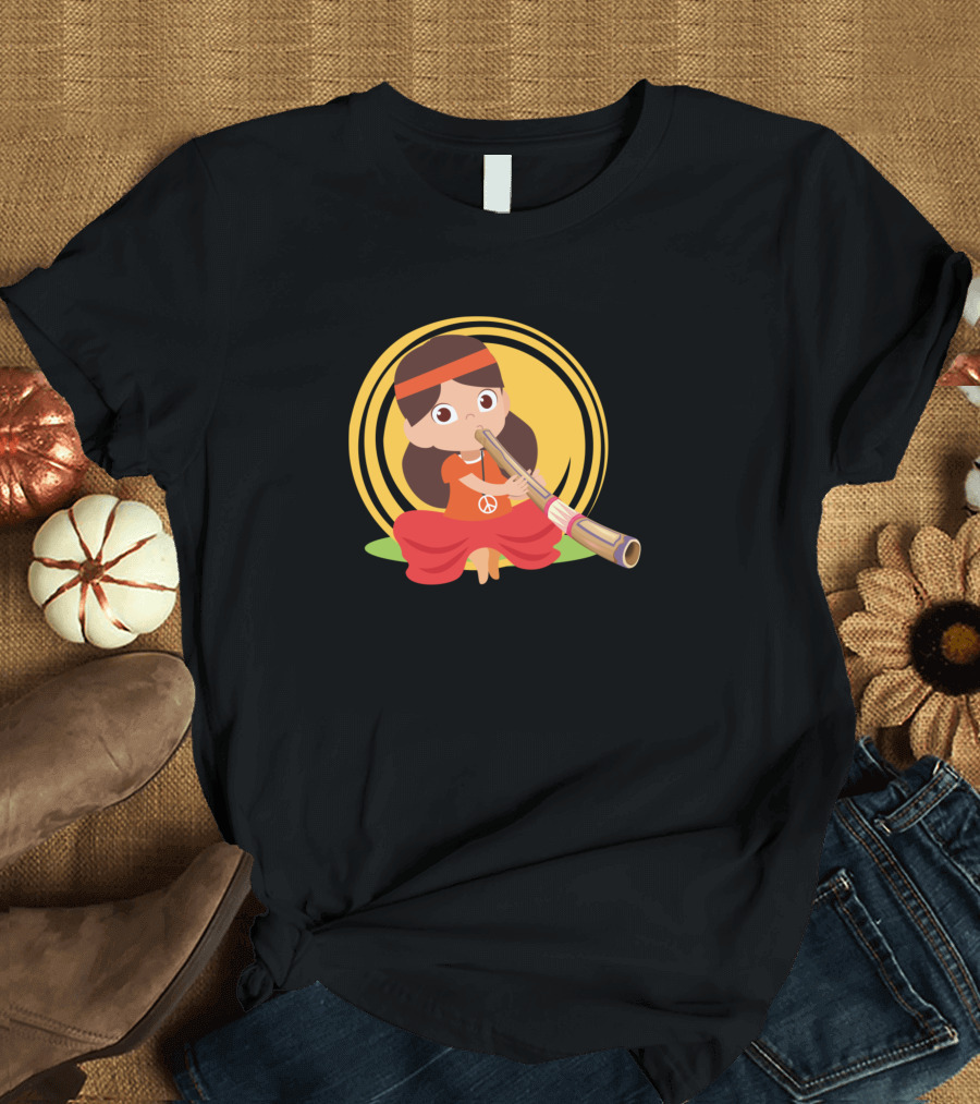 Hippie Peace Didgeridoo Player with Orange Circle Background T-Shirt