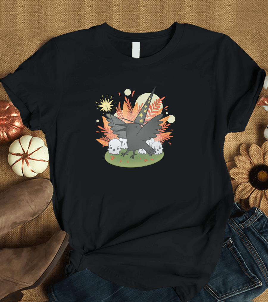 Magic Raven Witch Hat Skulls and Stars T-Shirt
