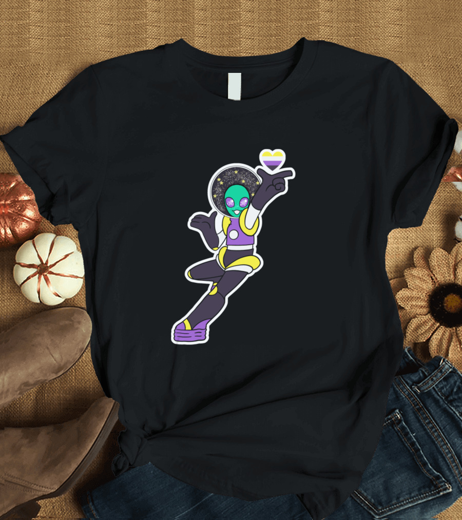 Nonbinary Alien Holding Space Heart with Starry Background T-Shirt