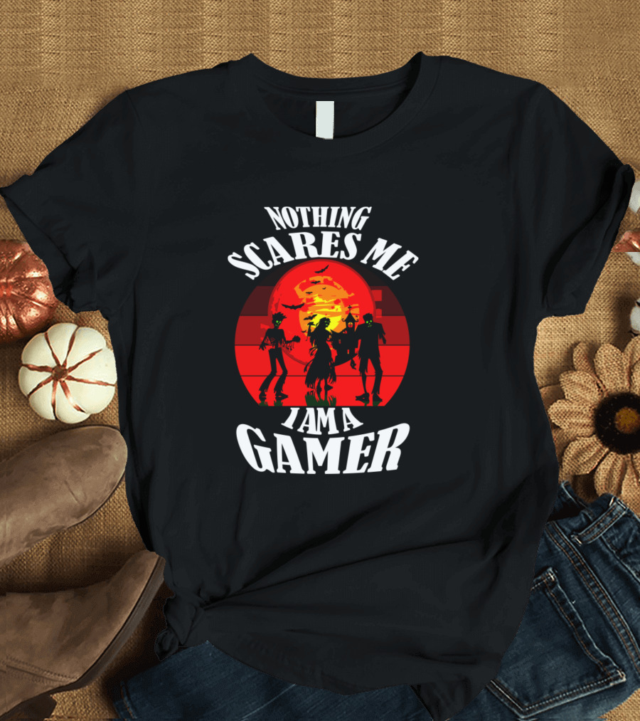 Nothing Scares Me I Am A Gamer Zombie Halloween Sunset Scene T-Shirt