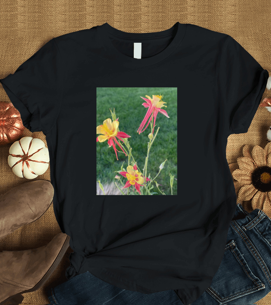 Pink and Yellow Columbine Flowers on Green Background T-Shirt