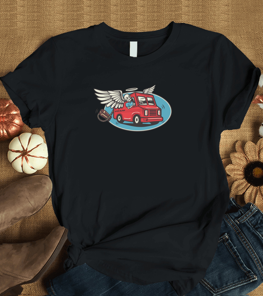 Skull Express Delivers Funny Death with Winged Van and Haloed Skeleton Driving Football Chained T-Shirt