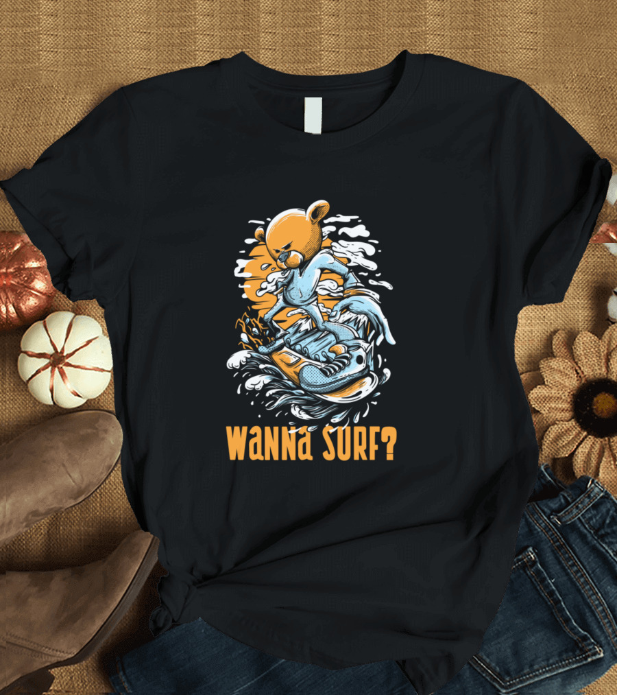 Wanna Surf? Cartoon Bear Riding Waves on Skateboard T-Shirt