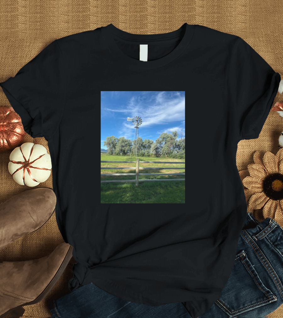 Windmill in Lush Green Field and Blue Sky T-Shirt