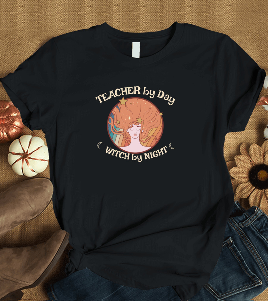 Teacher by Day Witch by Night Retro Starry Moon Halloween T-Shirt