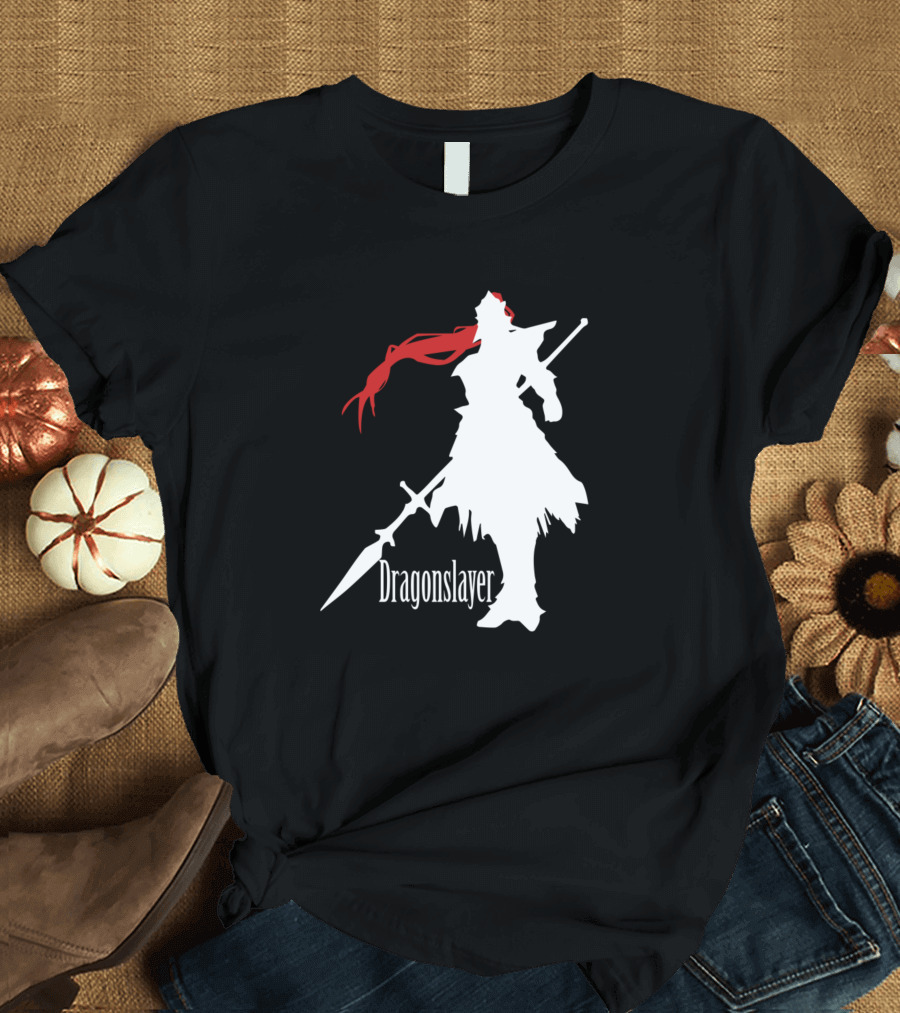 Dragonslayer Warrior Silhouette with Red Scarf and Spear T-Shirt