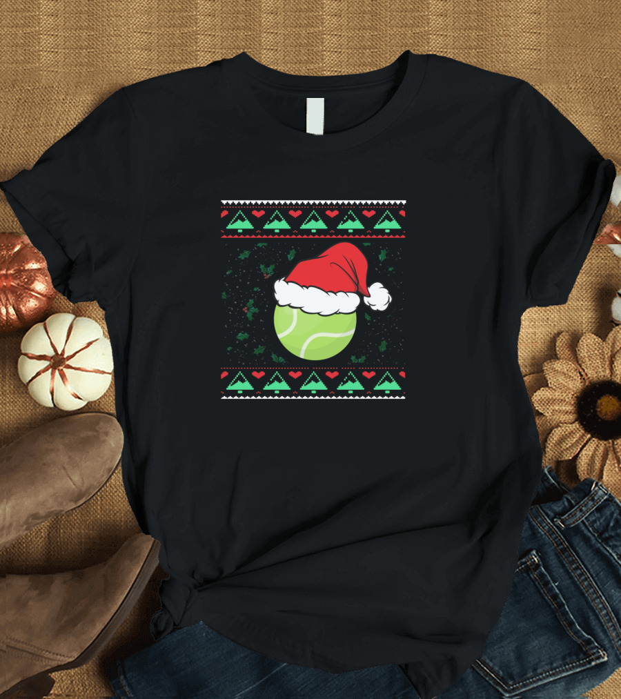 Funny Christmas Ugly Christmas Tennis Santa Hat Ball T-Shirt