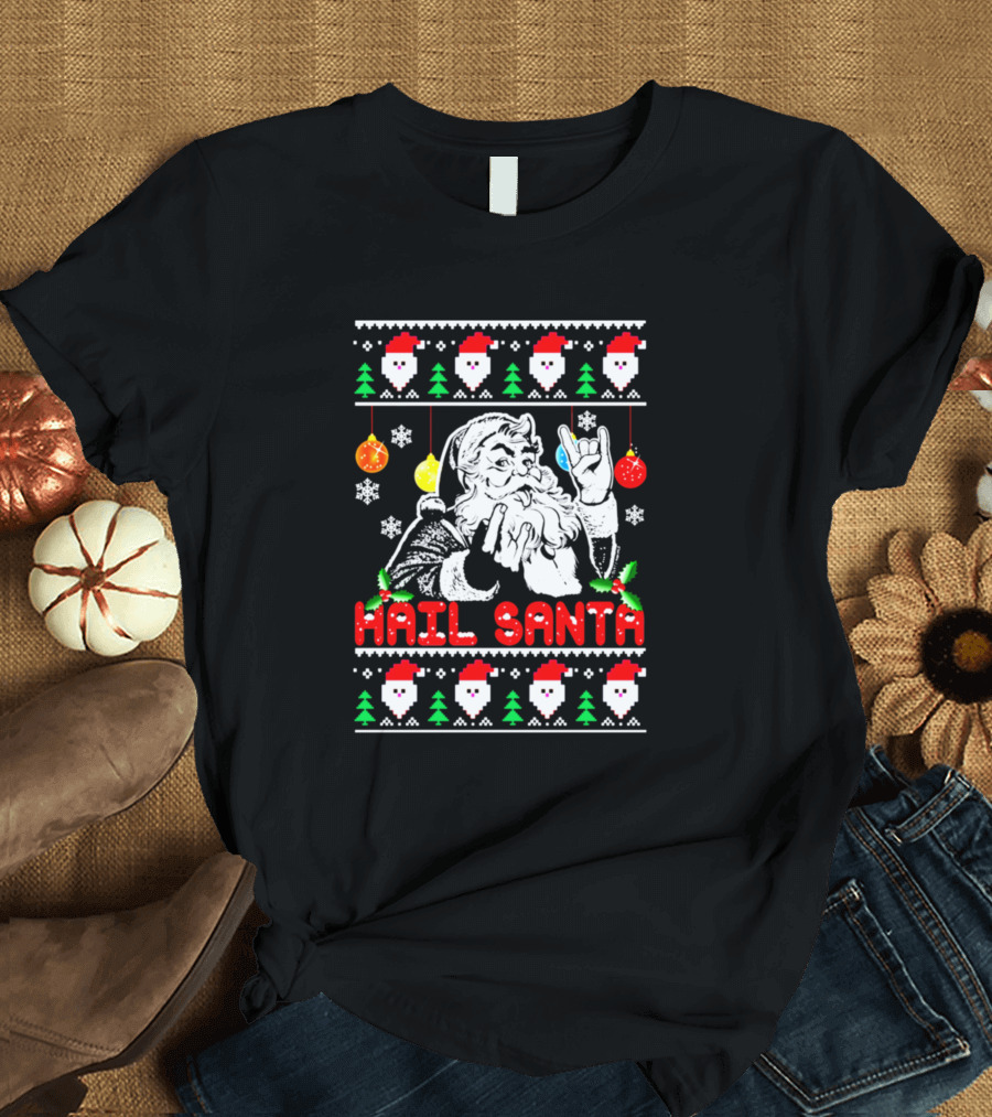 Hail Santa Ugly Christmas Sweater Metal Horns Holiday Humor T-Shirt