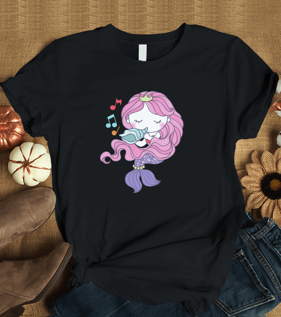 Mermaid Lover Cute Pink Haired Mermaid with Musical Notes and Shell T-Shirt