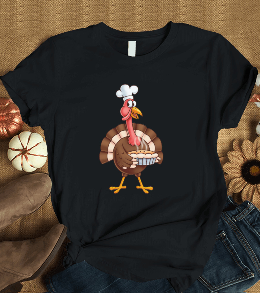 Thanksgiving Cartoon Turkey with Chef Hat Holding Pie T-Shirt