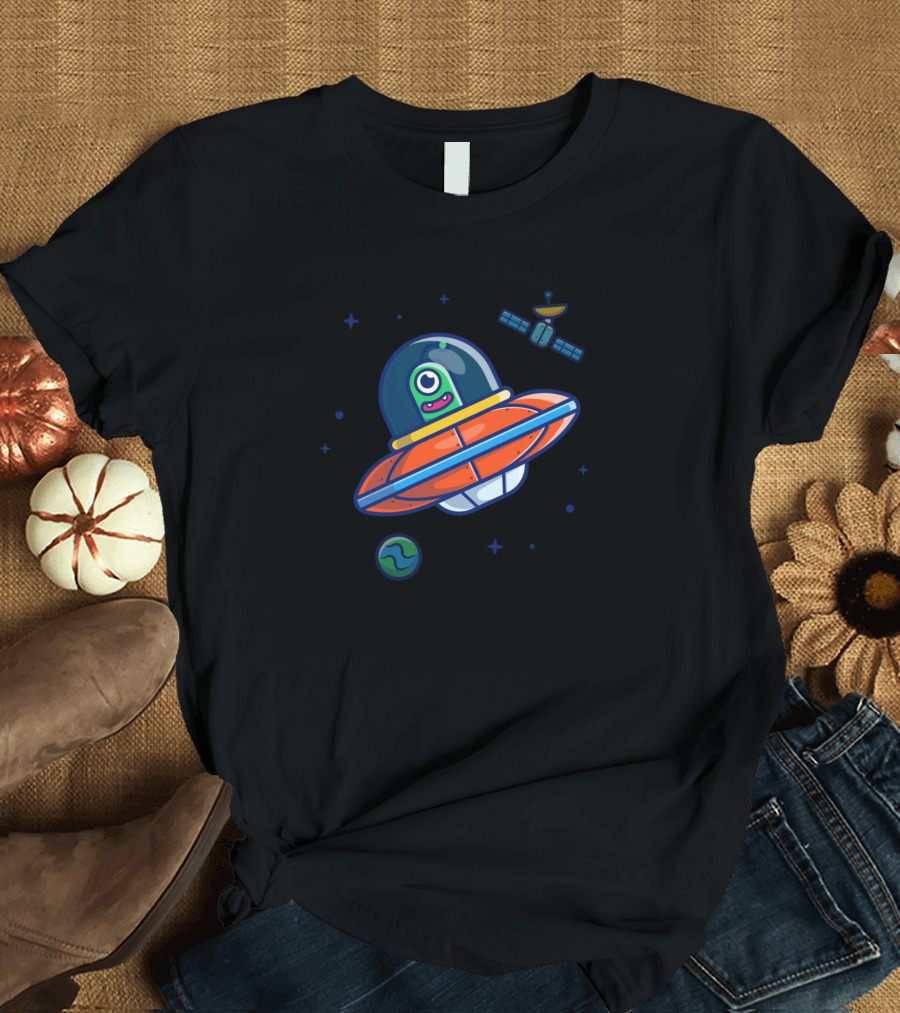 Cartoon Alien in Space with UFO and Satellite T-Shirt