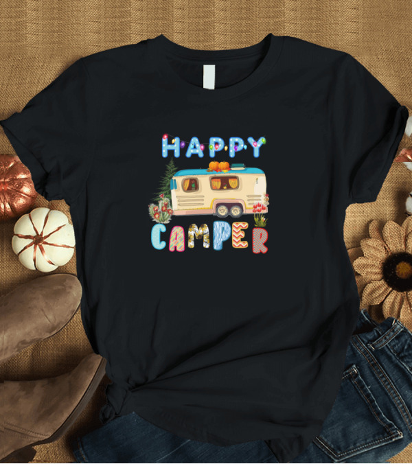 T-Shirt: Happy Camper Outdoor Vintage Trailer Camping Vibes T-Shirt Happy Camper Outdoor Vintage Trailer Camping Vibes T-Shirt
