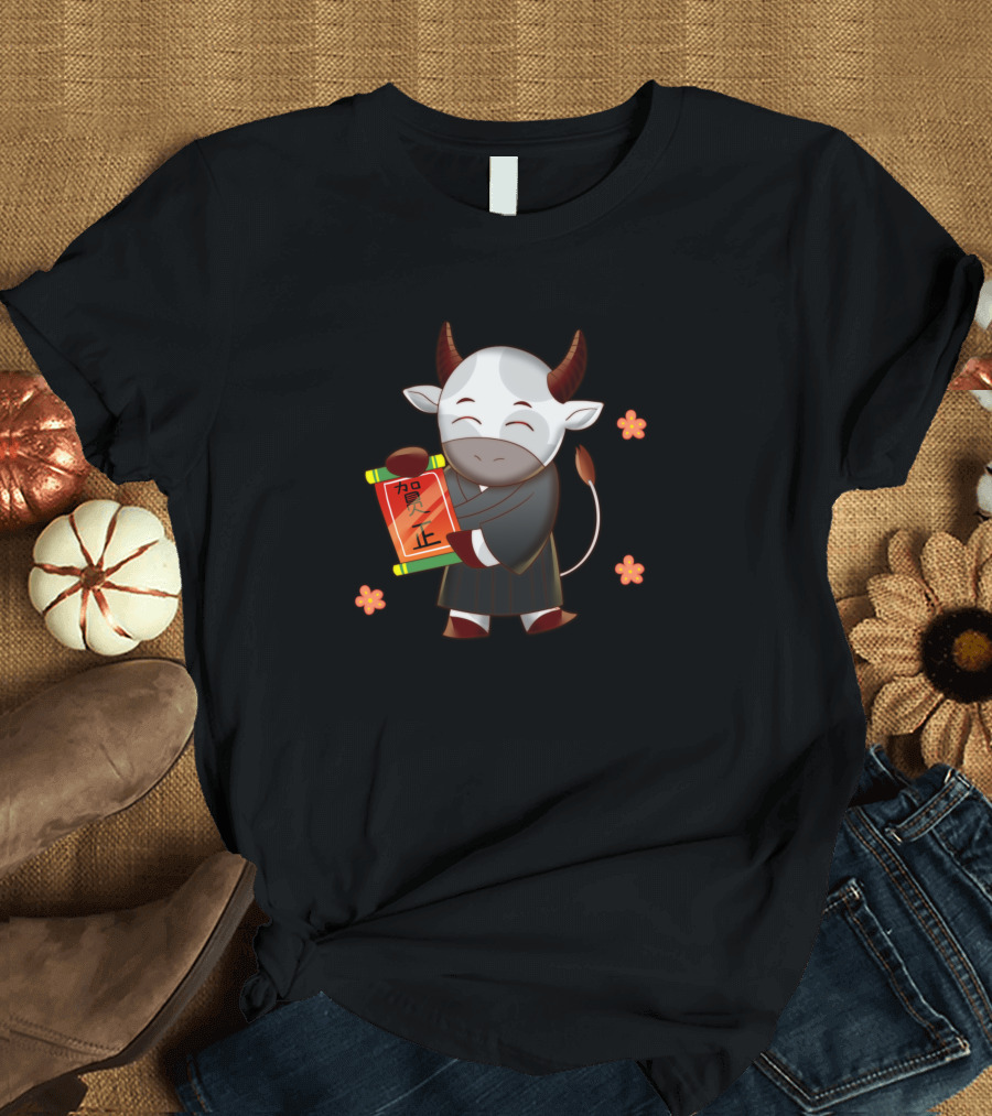 Zodiac Ox with Scroll and Cherry Blossoms Chinese New Year T-Shirt