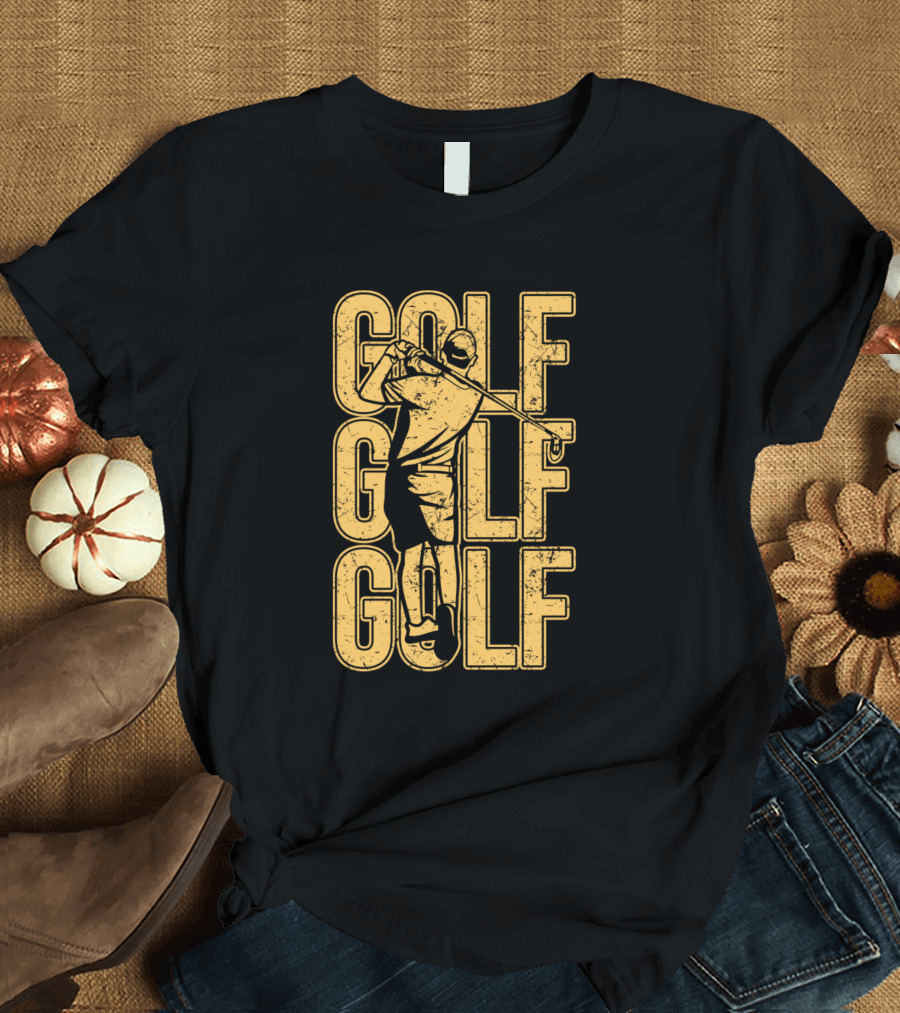 Golf Player Yellow Grunge Silhouette Against Repeated T-Shirt