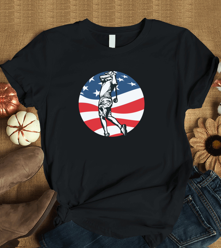 Golf Swing Player with American Flag Background T-Shirt
