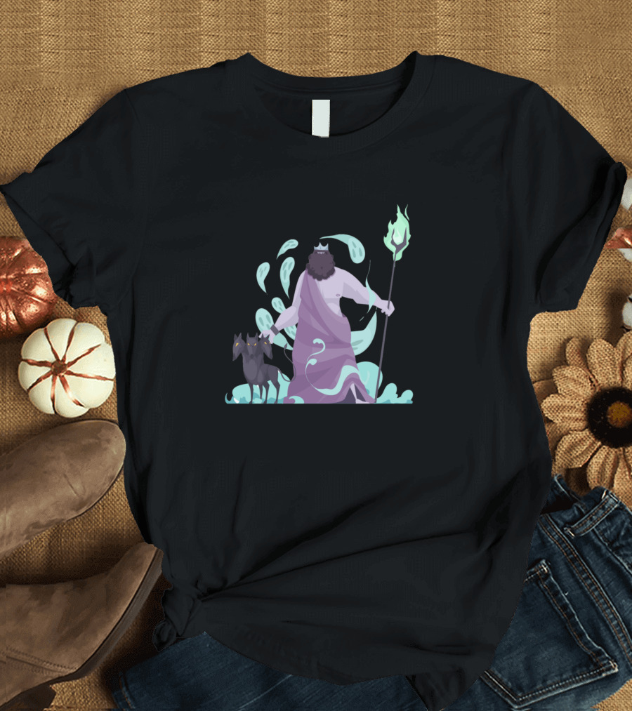 Greek God Hades with Cerberus and Flaming Staff T-Shirt