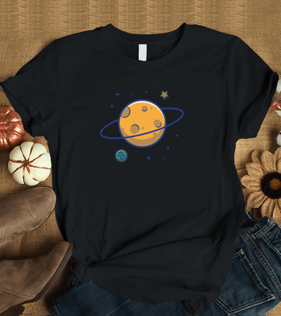 Planet Saturn Cartoon Celestial Scene with Moons and Stars T-Shirt