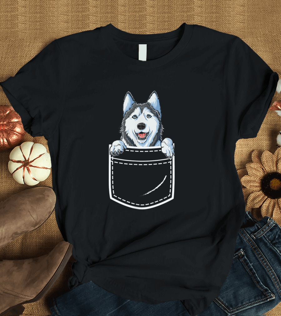 Siberian Husky In Your Front Pocket Dog Peeking Out Playful Canine Charm T-Shirt