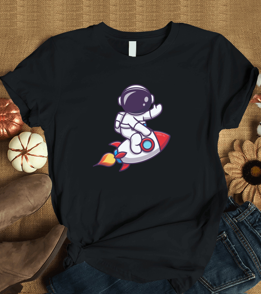 Astronaut Riding Cartoon Rocket T-Shirt