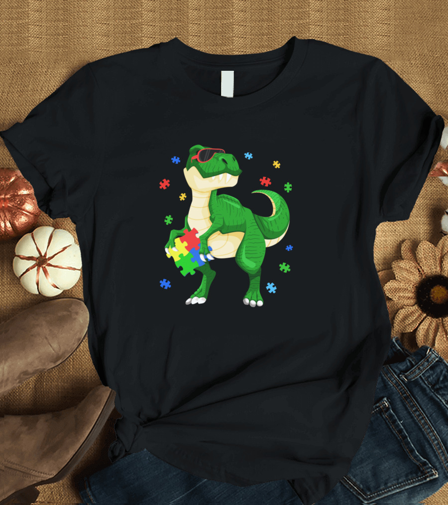 Autism Awareness Month Dinosaur with Colorful Puzzle Pieces and Sunglasses T-Shirt