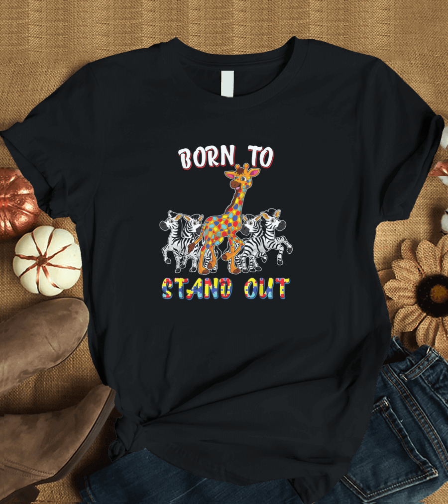 Autism Awareness Born To Stand Out With Colorful Giraffe Among Zebras T-Shirt