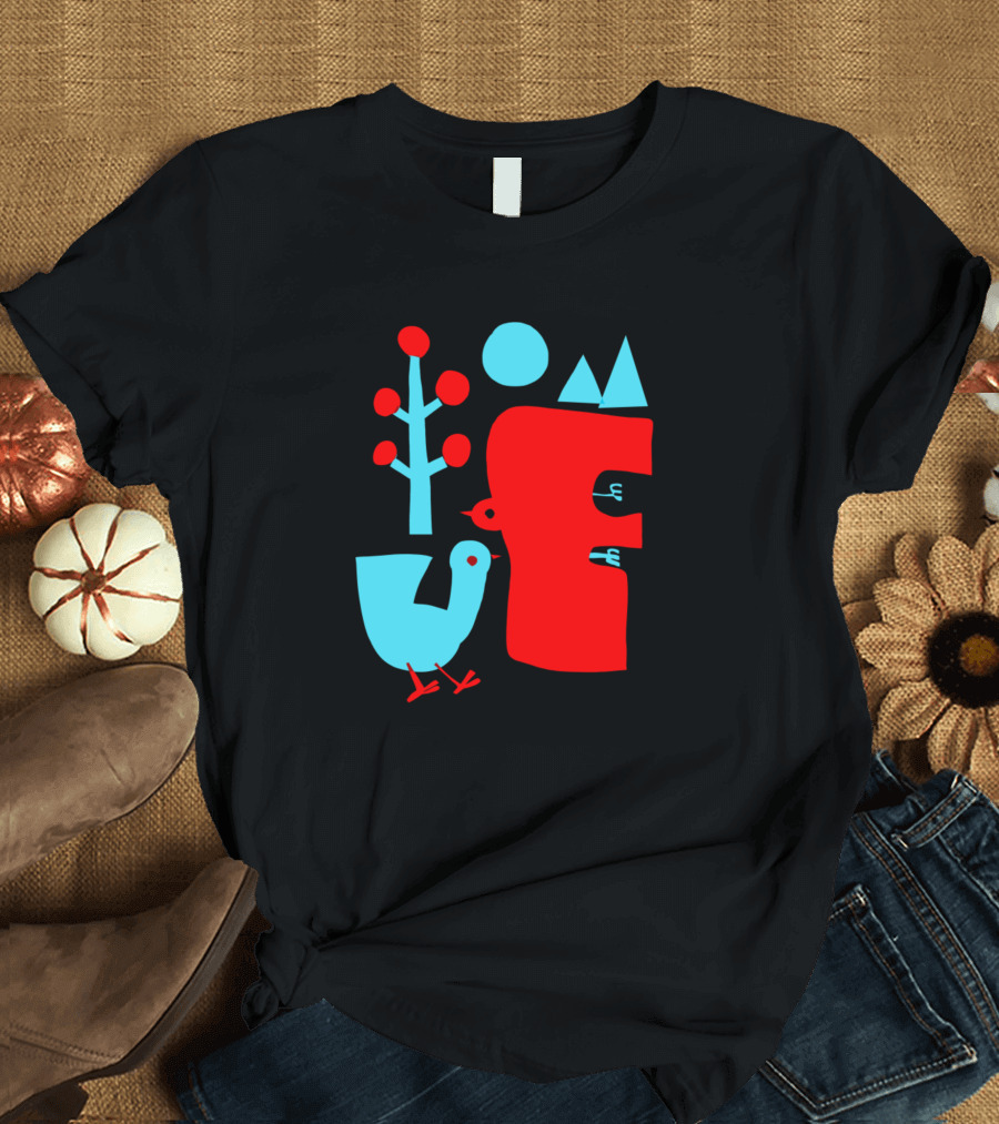 Bird and Tree Abstract Minimalist Design with Red and Blue Elements T-Shirt