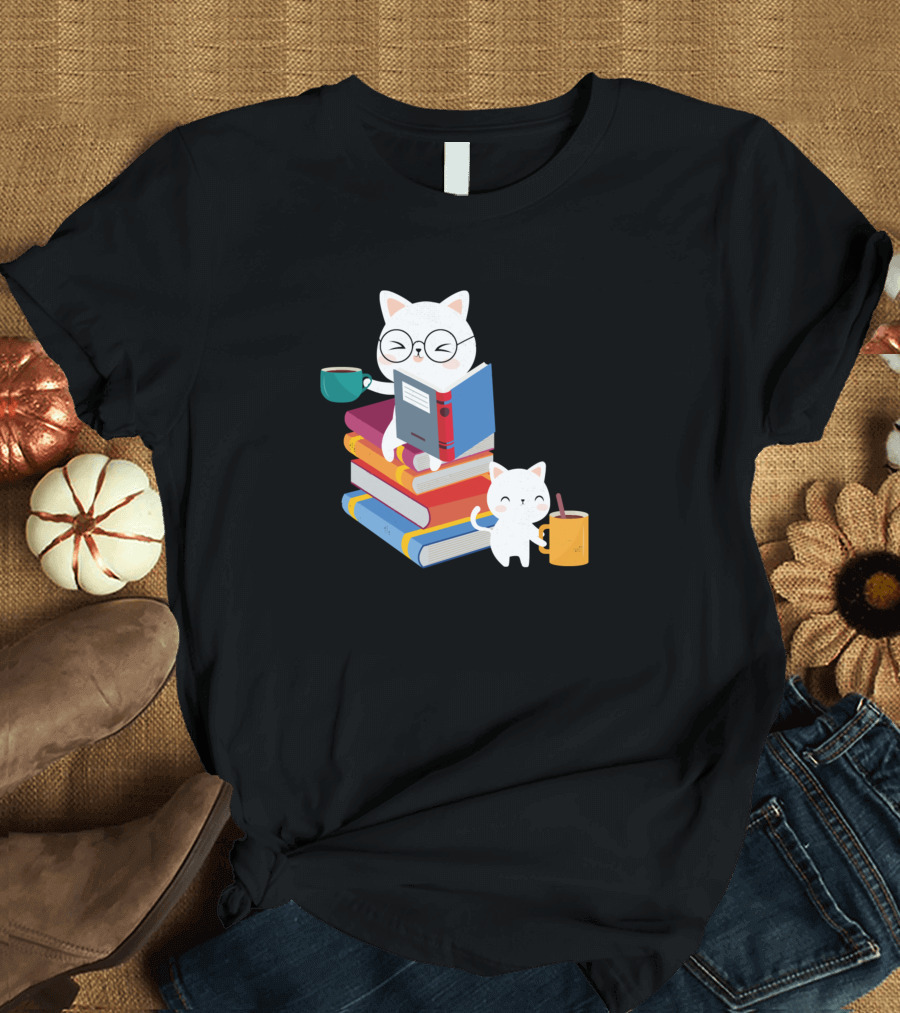 Funny Kitty Cats Reading Books with Coffee Cups T-Shirt