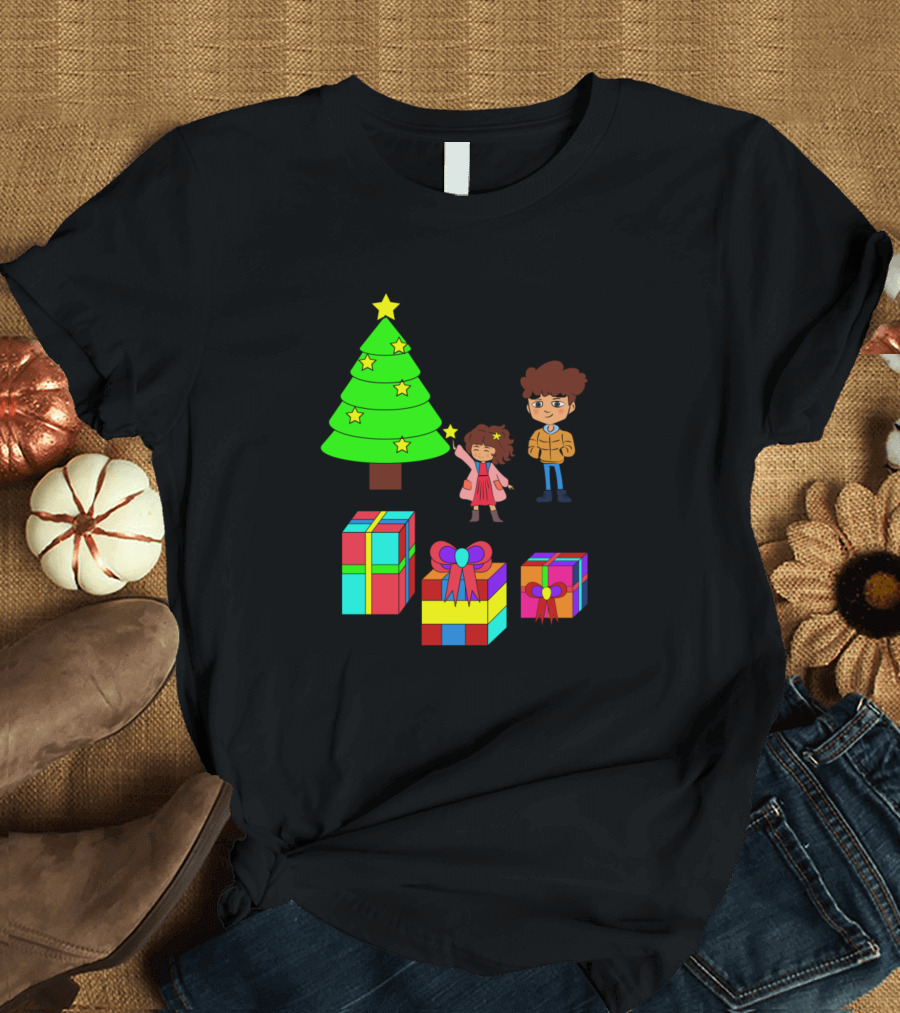 Cute Kawaii Christmas Family Scene With Tree and Gifts T-Shirt