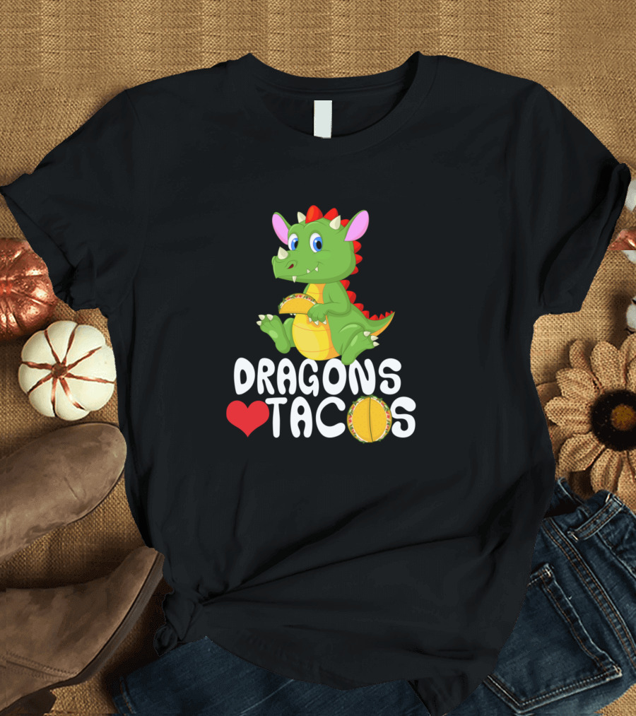 Dragons Love Tacos Cute Cartoon with Heart and Taco Elements T-Shirt