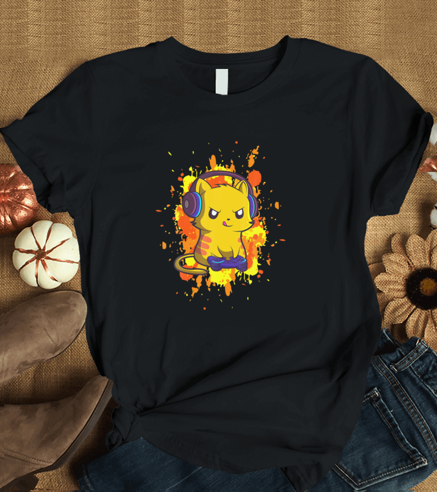 Gaming Cat Cyber Gamer PC Nerdy Kitty Kitten Headphones Controller T-Shirt