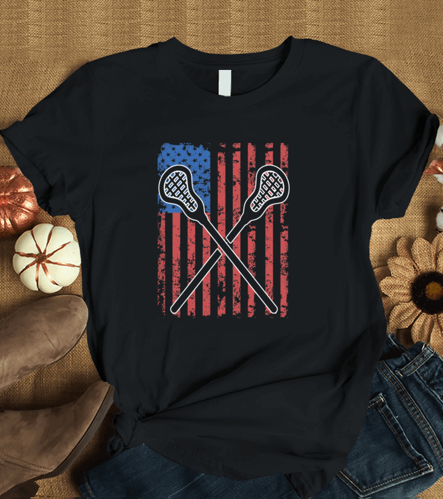 Lacoss Crossed Sticks American Flag Stars Stripes T-Shirt