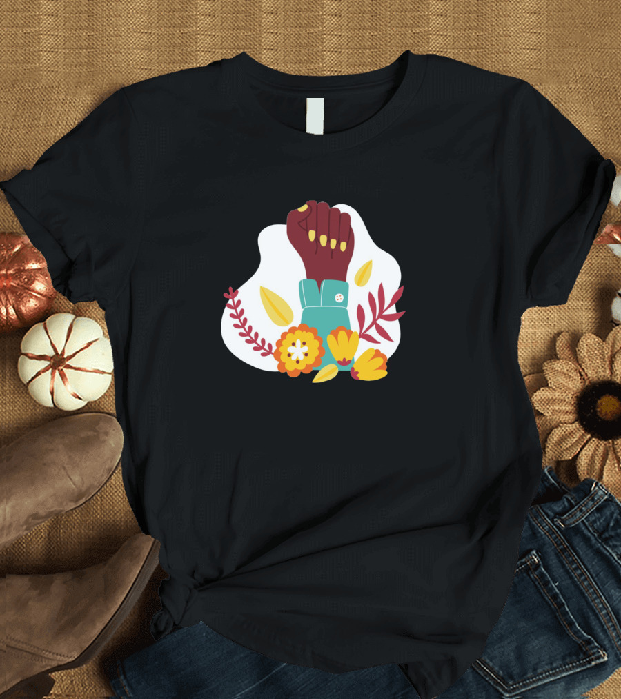 Power Girl Afro Fist Raised Surrounded by Flowers T-Shirt