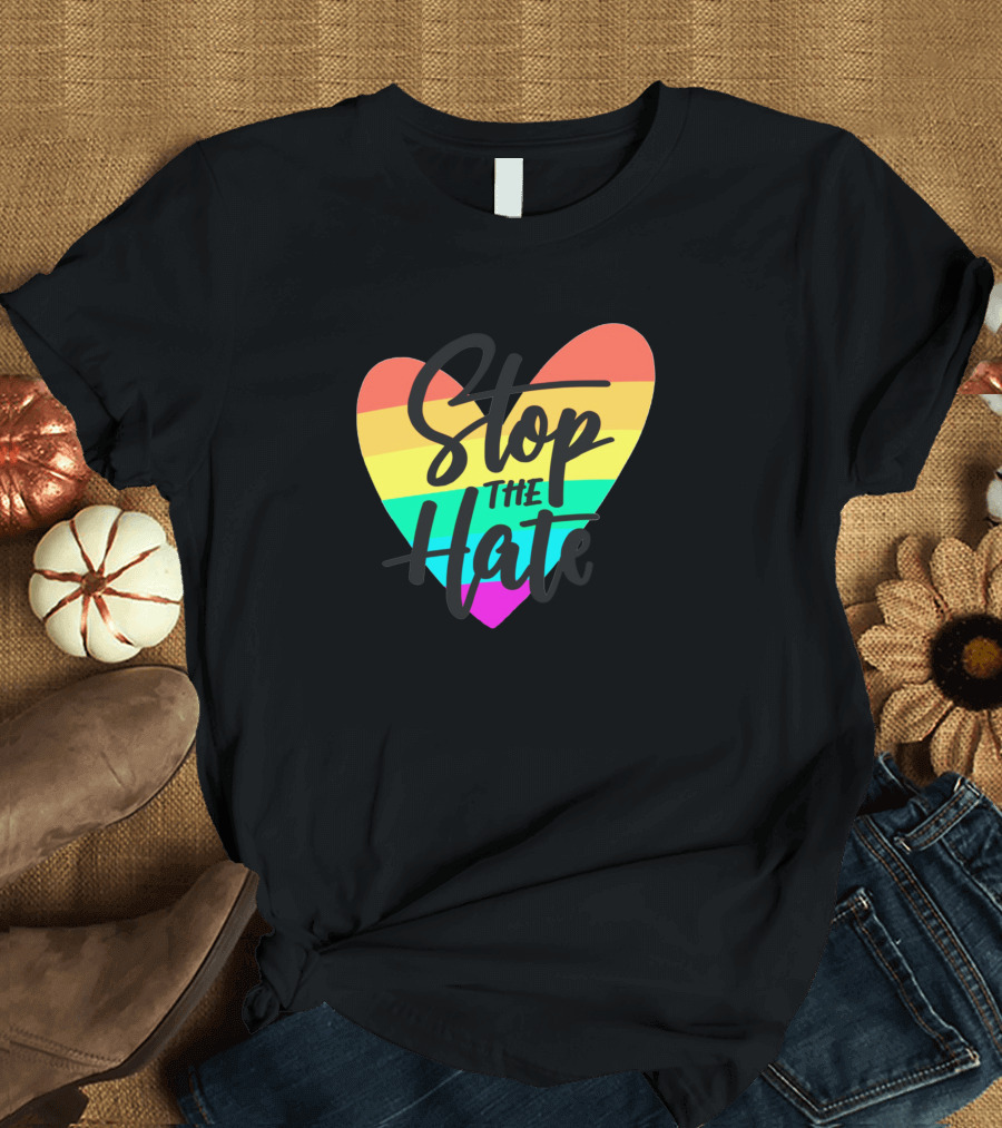 Stop the Hate Pride Day Lettering Rainbow Heart T-Shirt