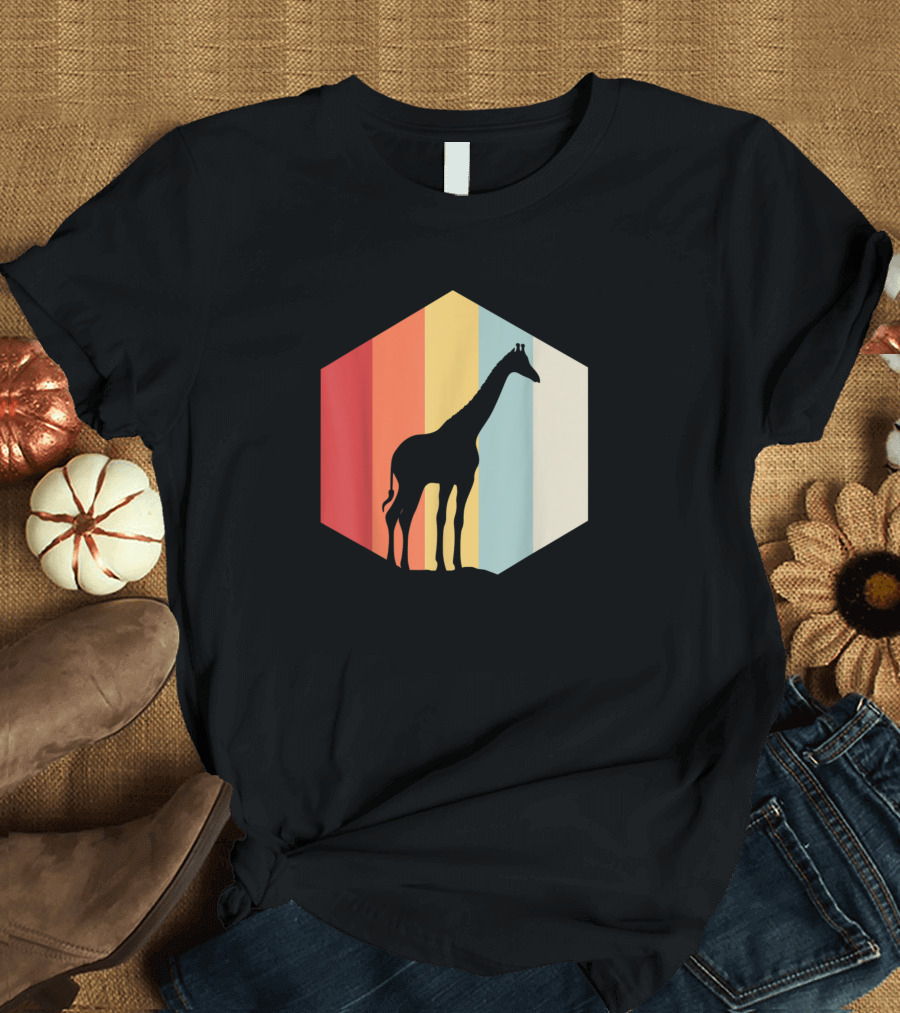 Retro Vintage Giraffe Silhouette on Colorful Striped Hexagon Background T-Shirt