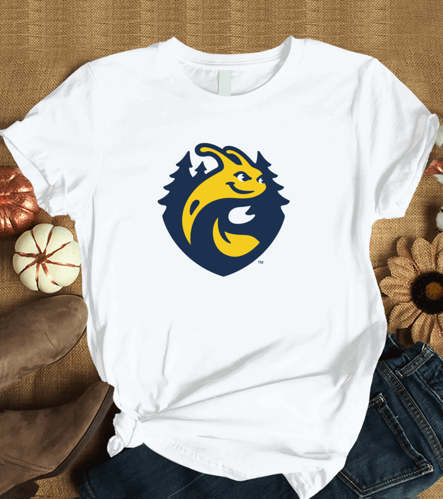UC Santa Cruz Banana Slugs Yellow and Blue Logo with Forest Background T-Shirt
