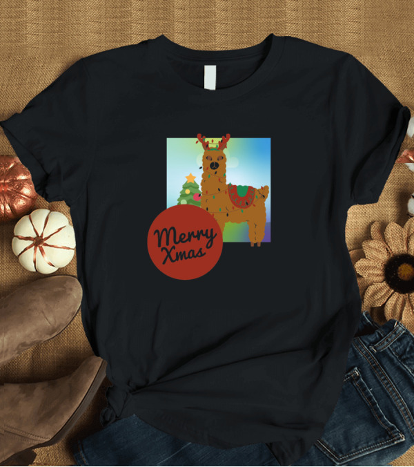 T-Shirt: Merry Xmas Llama with Antlers and Christmas Tree T-Shirt Merry Xmas Llama with Antlers and Christmas Tree T-Shirt